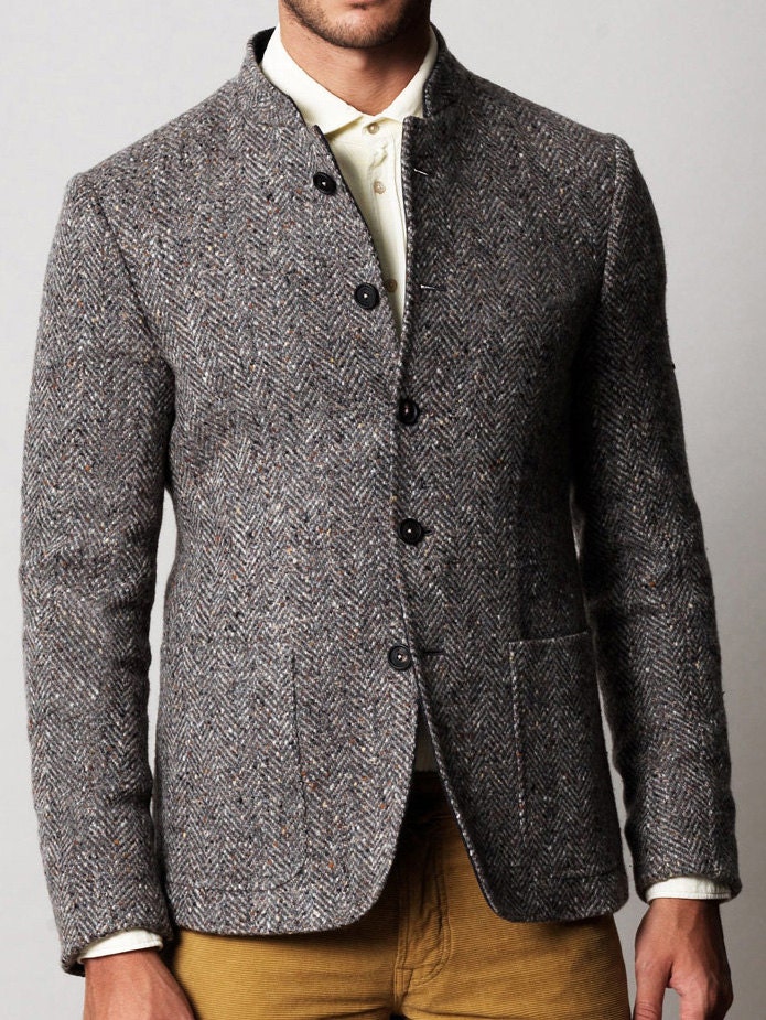 Custom Men's Grey wool tweed jacket with short collar