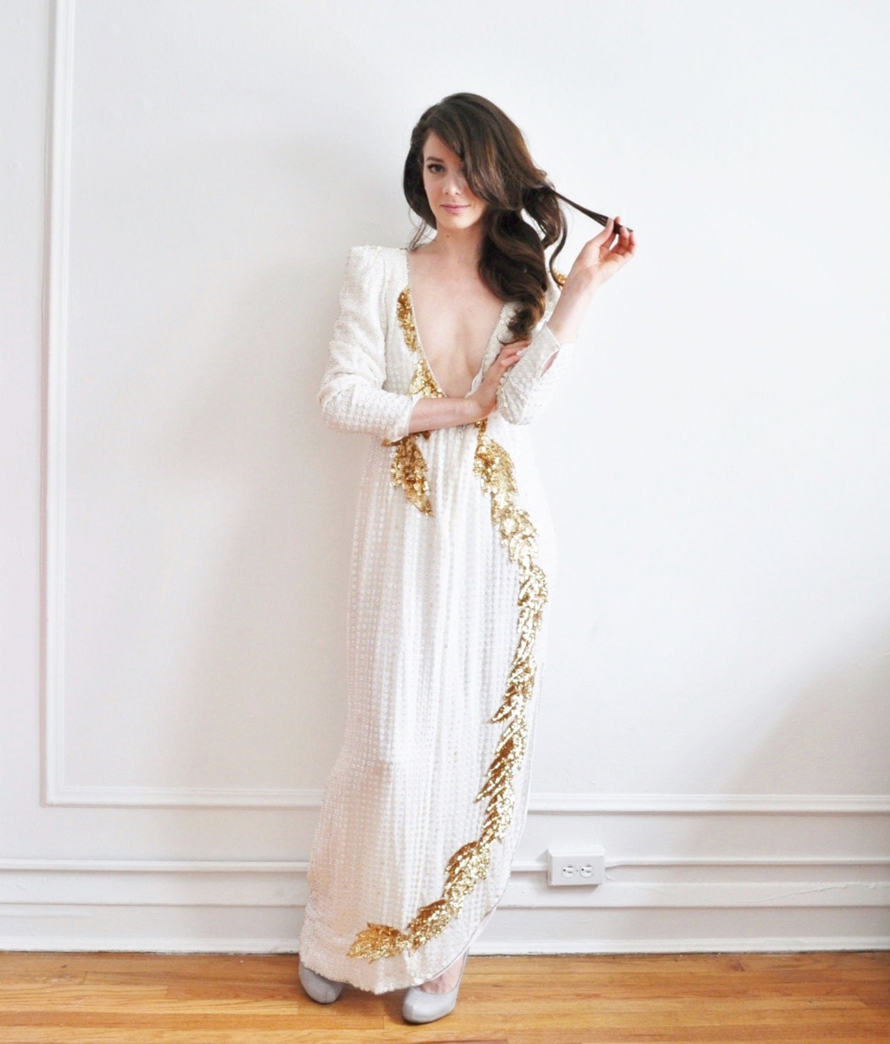 gold leaf sequin gown . trophy wife high five .extra large.plus size.xl