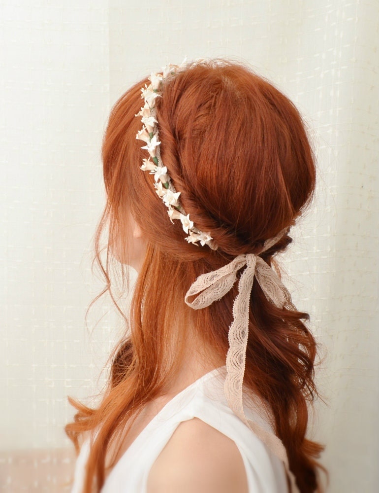 Bridal ivory flower crown. vintage lace headpiece, wedding hair accessories - heirloom - gardensofwhimsy