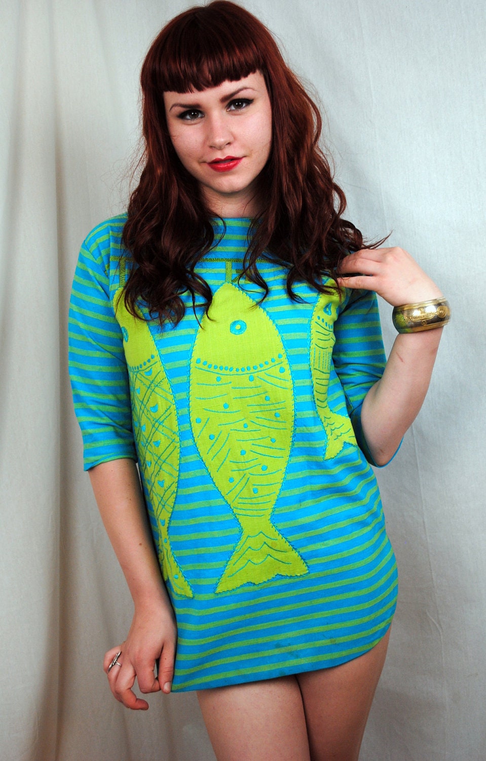 Vintage Embroidered Fish 1960s RARE Ethnic Dress