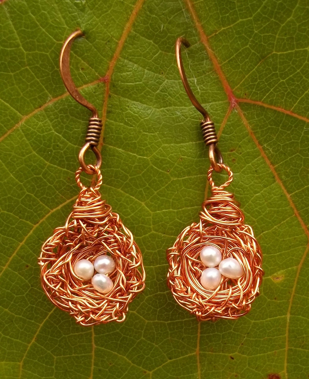 Tiny Messy Copper Wire Bird's Nest With Ivory Seed Pearl "Eggs" Dangle Earrings (made to order)