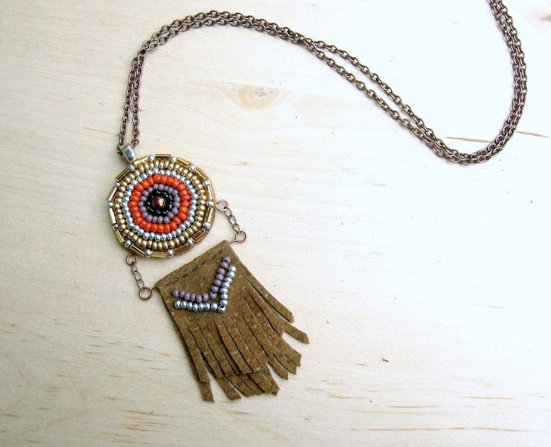 Trust Medallion Necklace - Beaded Bohemian Leather Fringe Pendant