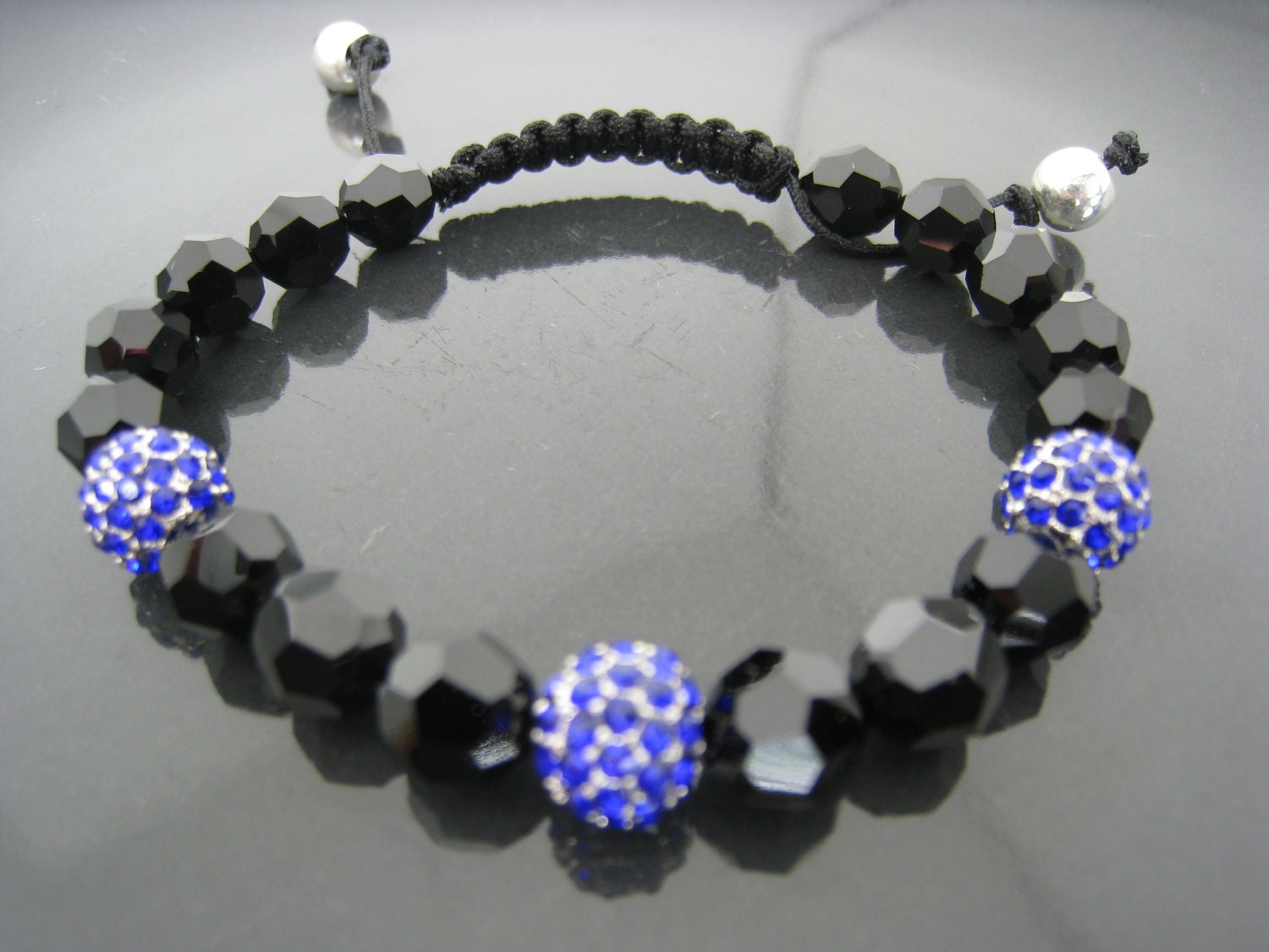 Shamballa Bracelet...Black and Royal Blue Swarovski Beads with Sterling Silver Ball Ends (Sz SM) S005-S