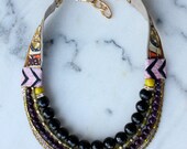 Khaki and Pink Short Fabric Necklace with Semi-Precious Stones and African Cotton