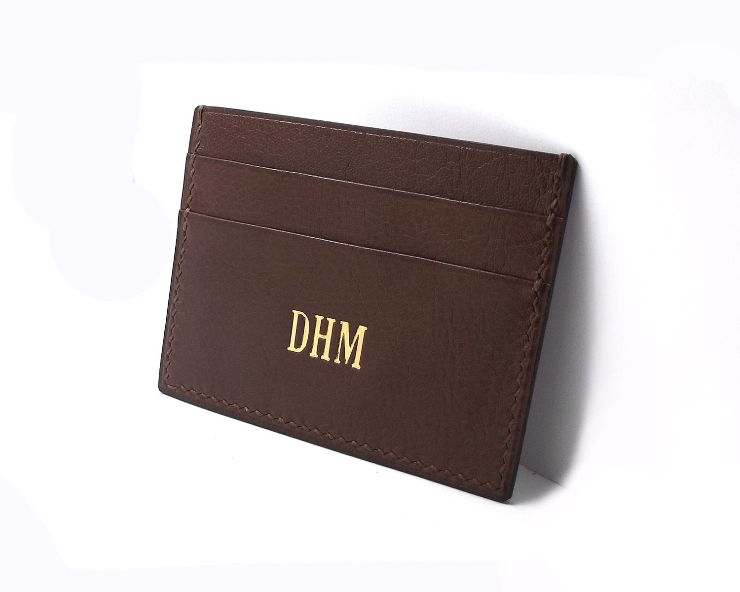 Personalized Leather Card Holder with bills pocket, small compact wallet, chocolate brown leather for him