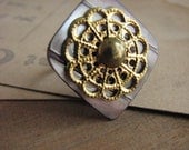 Mother of Pearl Filigree Statement Ring -repurposed silver gray vintage button ring-