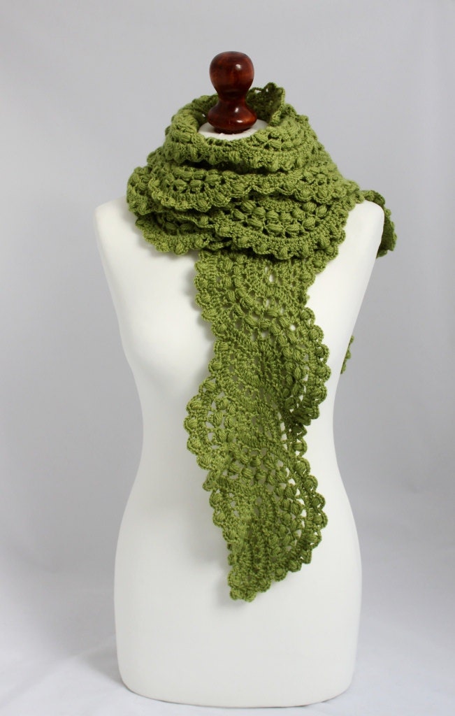 Crocheted long lace scarf in lime green