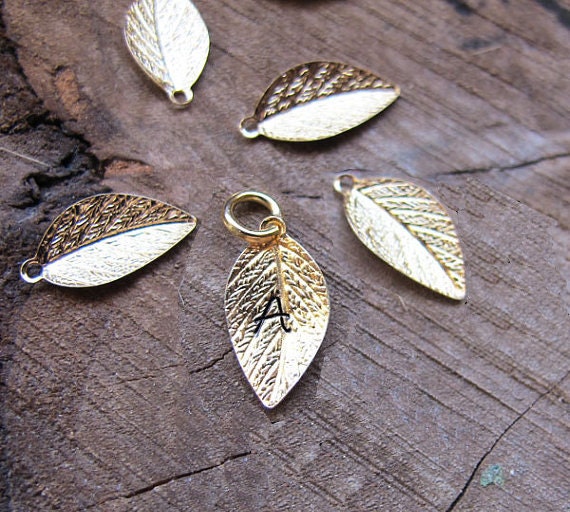 Gold Leaf Personalized Charm - Initial Letter Add On - Hand Stamped Leaf Pendant -  Name Necklace