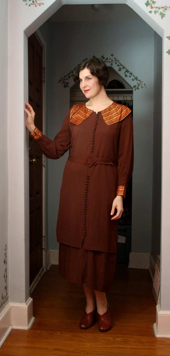 Vintage 1930s Rich Brown Tunic Dress Striped Trim