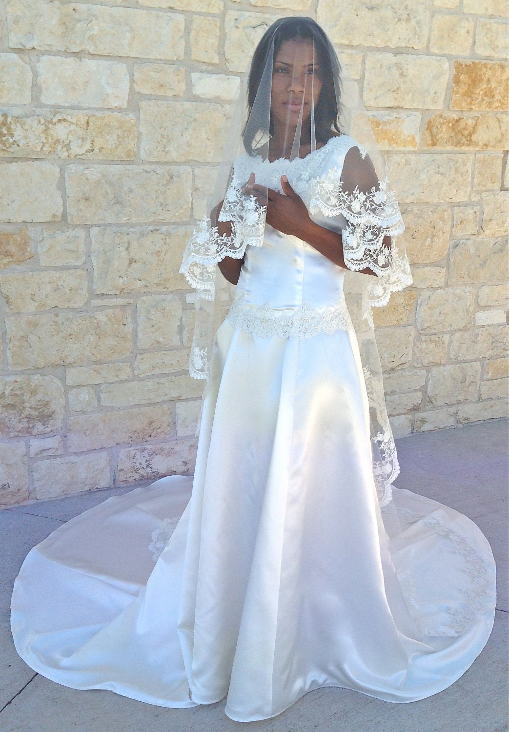 Custom order for  58" long and 32" blusher Lace Veil in Ivory in  single tier Beaded Lace  with blusher