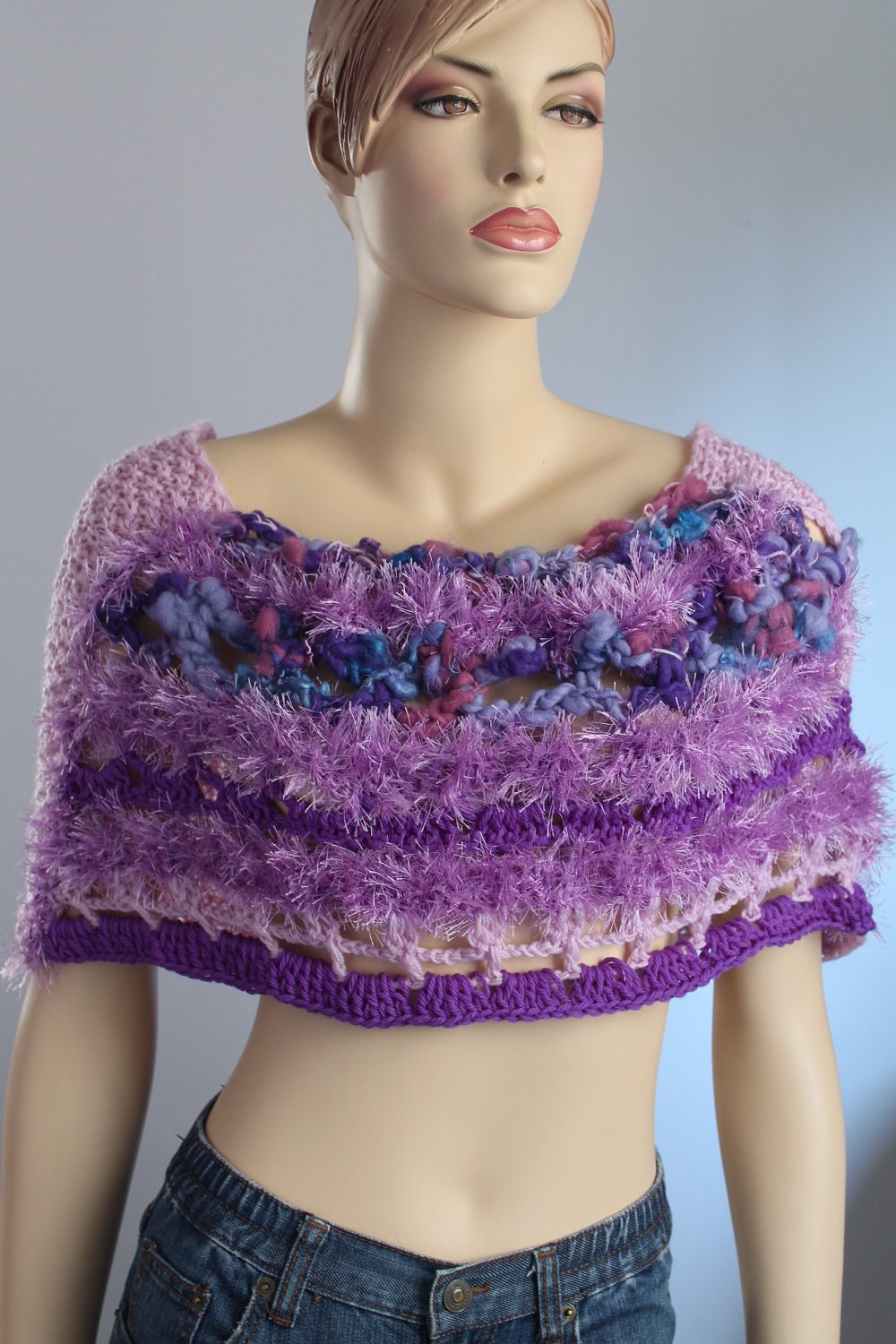 Hand Knitted and Crocheted  Big Scarf  Cowl in Shades of  Lilac  Violet  Blue - Fall Fashion