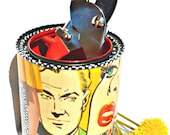 Upcycled Pop Art Canister Hand-Painted Recycled Roy Lichtenstein Decoupage "Paulie's Confession" Eco-Friendly Freckles Original Mixed Media
