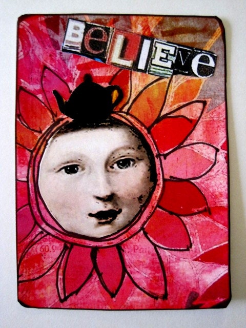 ACEO Original ART Trading CARD  Mixed Media Collage Whimsey Cards   Believe