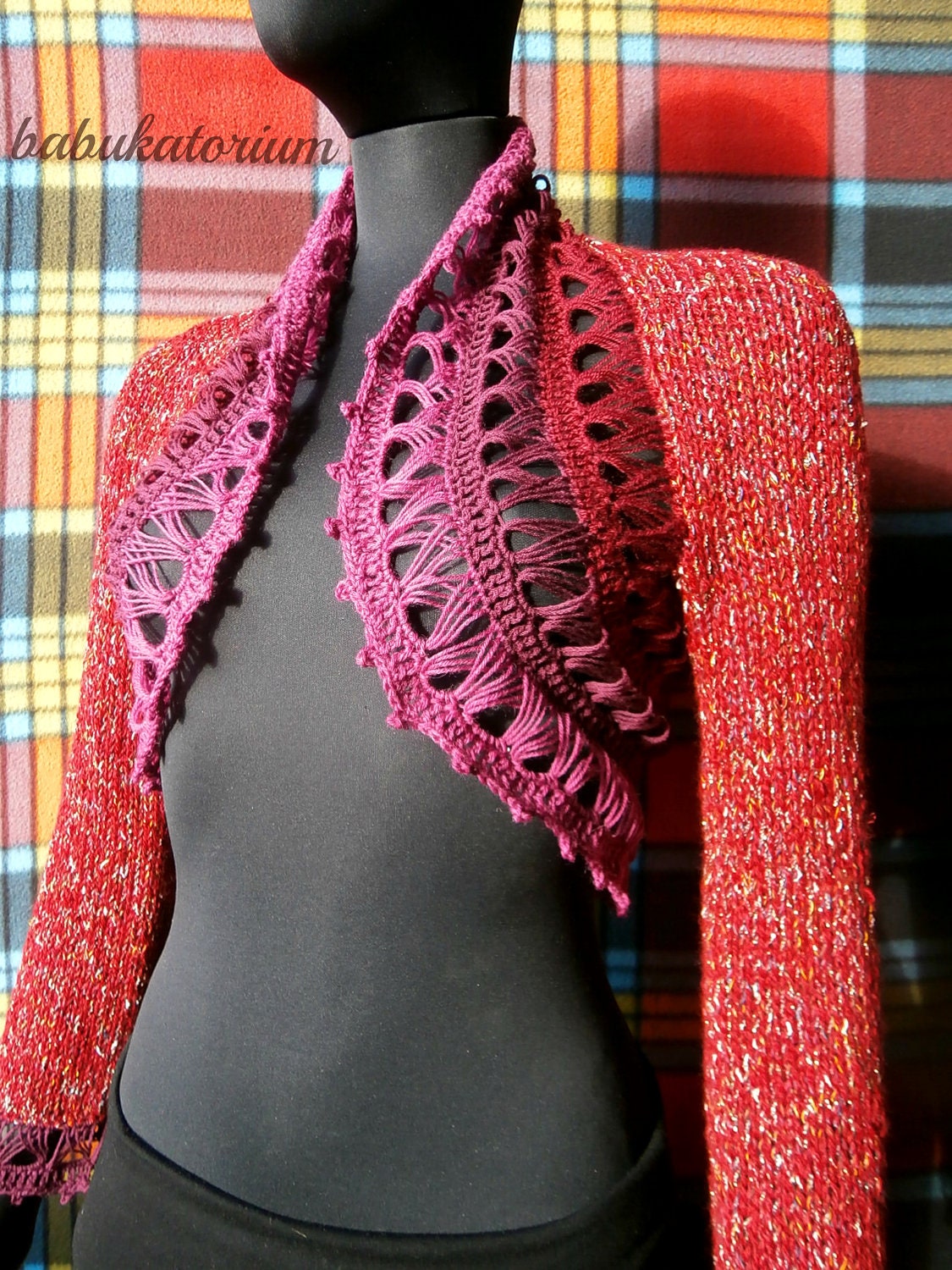 Mulled Wine - Knitted Bolero With Crochet Broomstick Lace Decoration