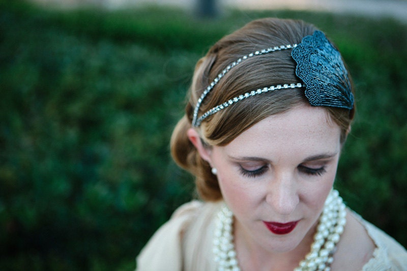The Annie  - Rhinestone and Gunmetal 1920s Flapper Style Tie Headband