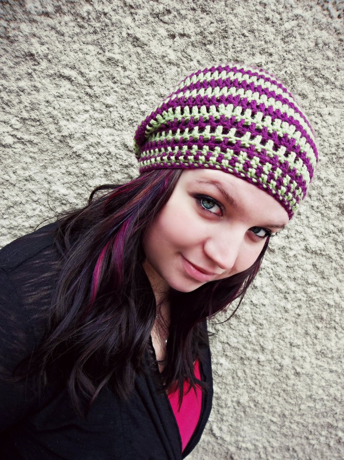 Striped Slouchy Beanie  Hat - Dread, Tam, Purple,Pistachio  - SALE