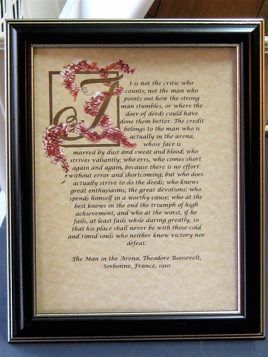 The Man in the Arena, Quote by Theodore Roosevelt, Red, custom calligraphy, calligraphy, hand painted