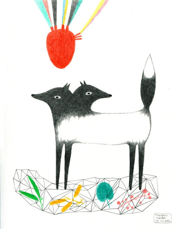ORIGINAL Pencil DRAWING Dog with a Heart Balloon / Geometry / Red - We are One