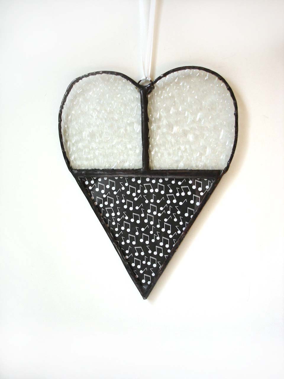 Love music suncatcher heart, black white, stained glass decorative art gift under 25