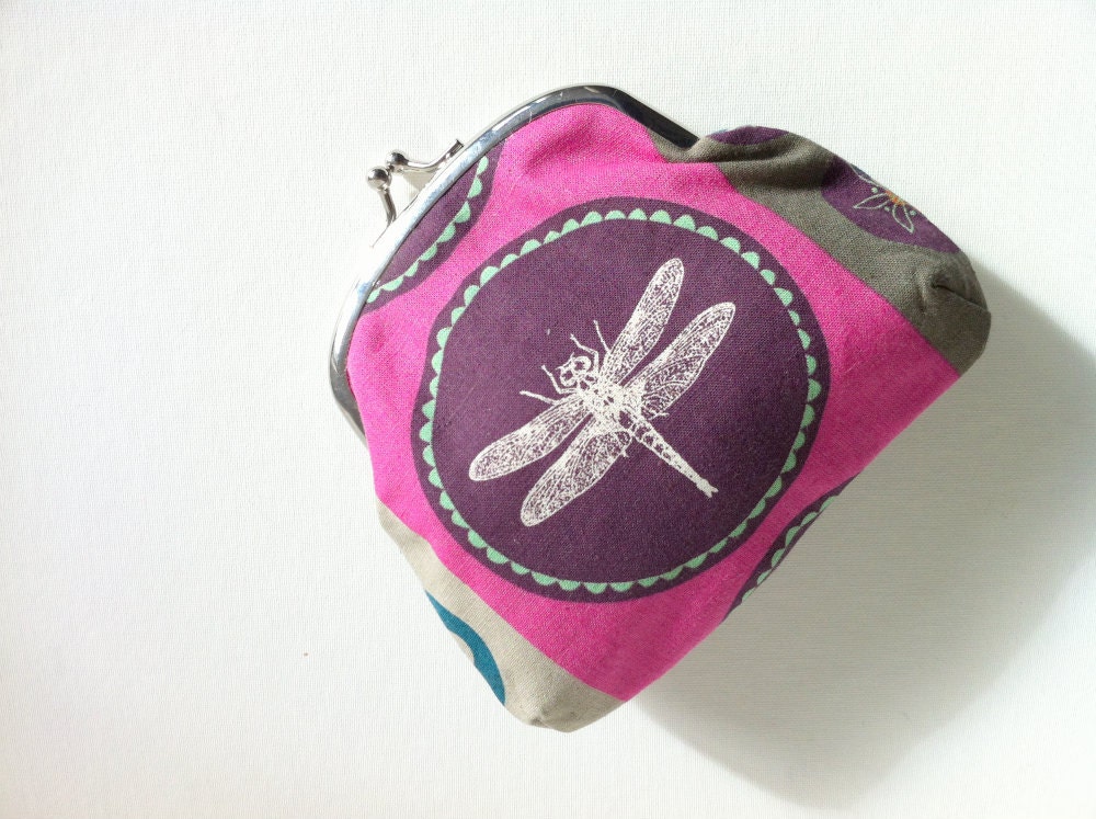 Small Clasp Purse - Japanese Dragonfly in Purple, Hot Pink and Olive Green