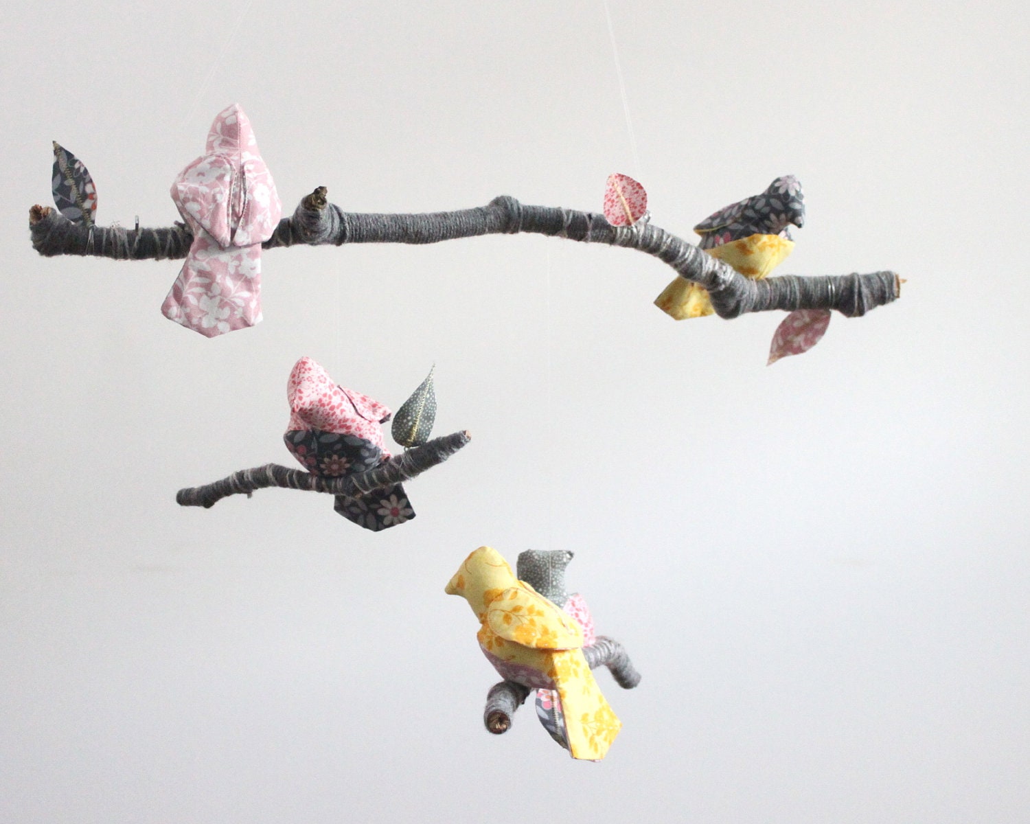 Modern Bird Mobile for Nursery Baby Decor - fabric sculpture on wrapped branches in saffron yellow, silver gray, blush pink and white