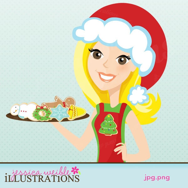 Christmas Cookie Baker Character Illustration, Cartoon Illustration, Woman with Christmas Cookies, Christmas Character Il_570xn