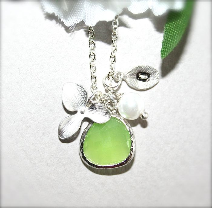 Personalized Necklace, Custom Initial, Green Teardrop,Orchid, Wedding Jewelry, Birthstone Necklace, Sterling Silver chain available