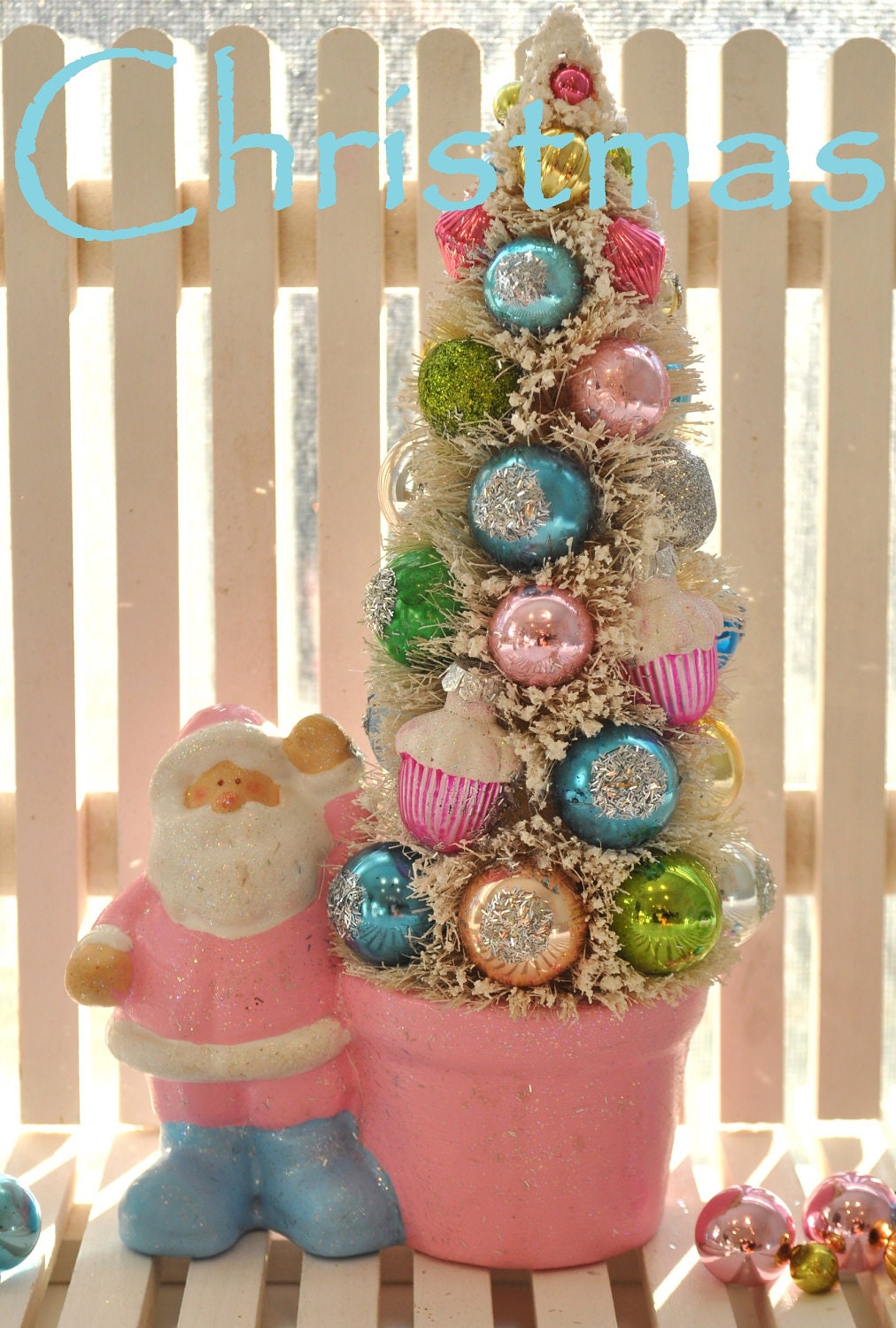 Pink Santa Christmas Bottle Brush Tree Sweet Sugared cupcakes glass ornaments garland Shabby Chic pink bottlebrush