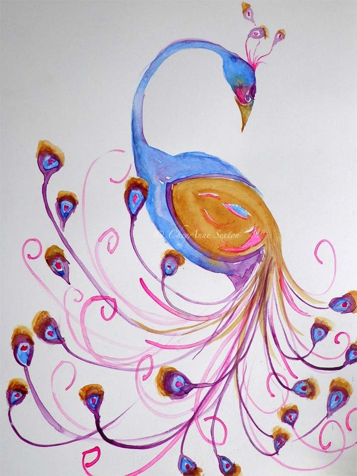 Peacock Sweet pink and gold - original watercolour painting 9x12