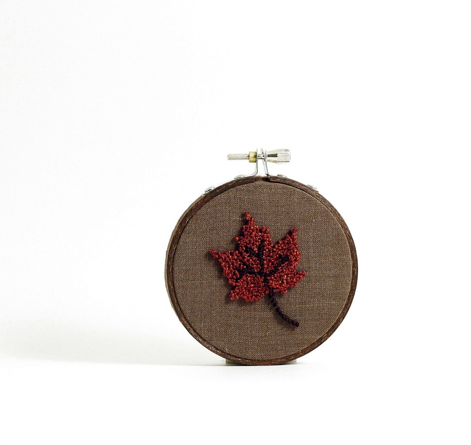 Red Maple Leaf Autumn Punch Needle Embroidery Hoop Art. Eco Friendly Thanksgiving Home Decor. Rustic, Woodland. Brown, Red. 3 Inch Hoop.