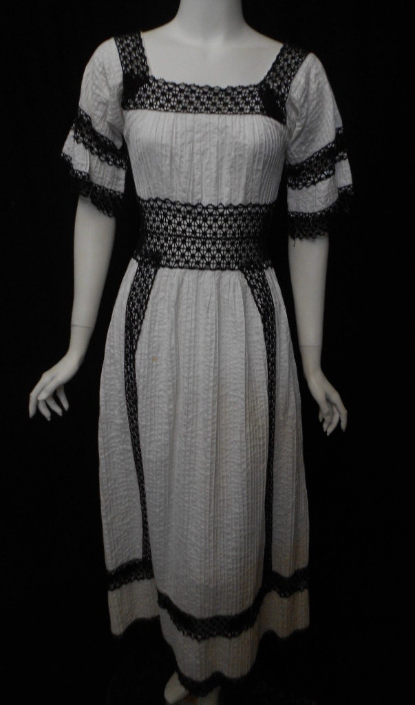 Vintage 1960s Mexican Wedding Dress Peek a Boo Waist Black Trim Pin Tuck Crochet Maxi Dress Hippie Boho