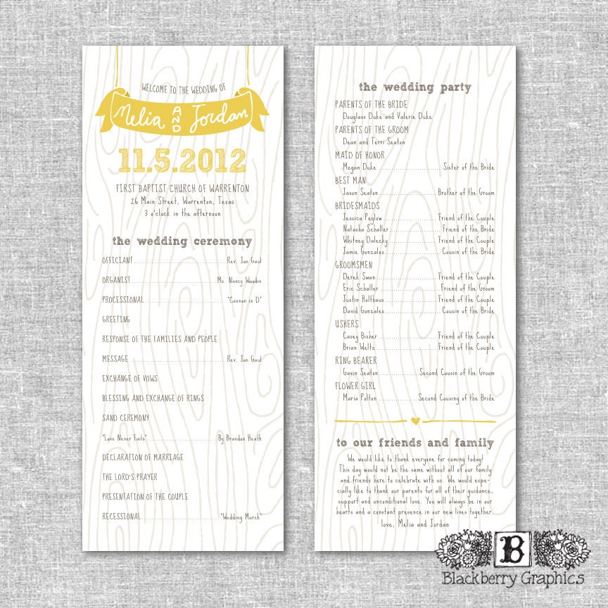 PRINTABLE diy, woodgrain banner, two sided Wedding Program - Jordan design