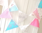 21 Fabric Flag Banner, 9 Feet Party Bunting, Aqua Blue, Hot Pink, Grey Lecien Flower Sugar, Baby Girl Nursery Decor, Photo Prop, Wedding