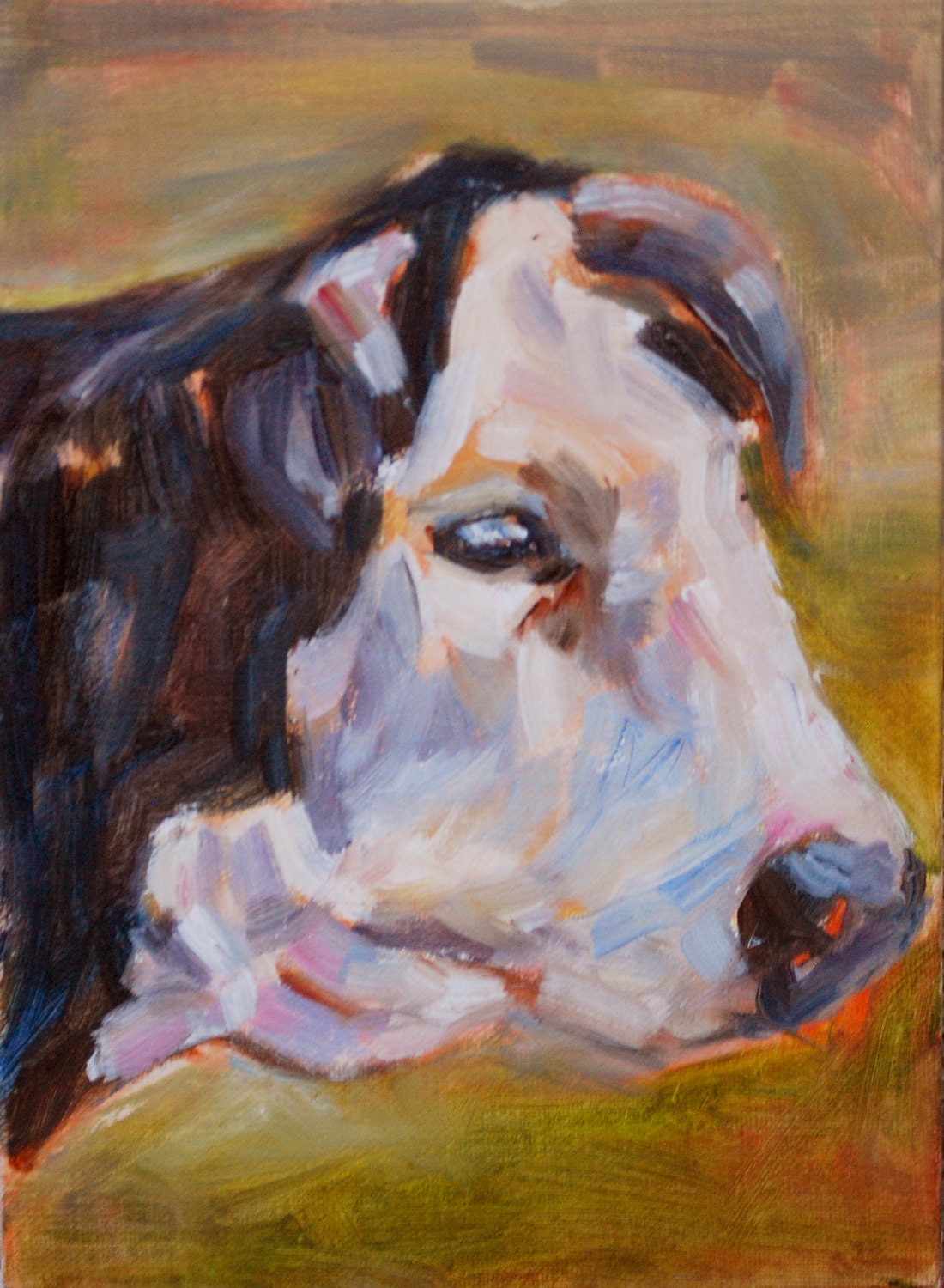 Cow Painting, Black and White Bull, 5x7 original oil by Carol DeMumbrum