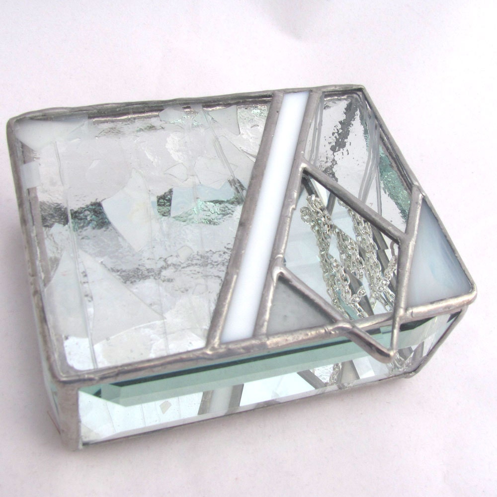 White and Clear with White Fracture Streamer glass and Clear Diamond Bevel Stained Glass Box