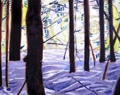 Painting of Forest, Sun and Trees - Art Print 15" x 7.5" - Purple and Yellow