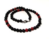 Mens Black and Red Beaded Necklace Featuring Black Agate and Red Sea Coral
