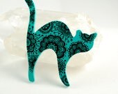 Turquoise Cat Brooch - hand painted Wooden Brooch - black lace design - cat silhouette jewelry