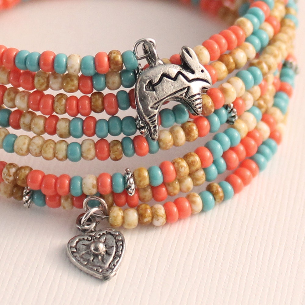 Memory Wire, Wrap Bracelet - Rabbit Charm, Heart Charm