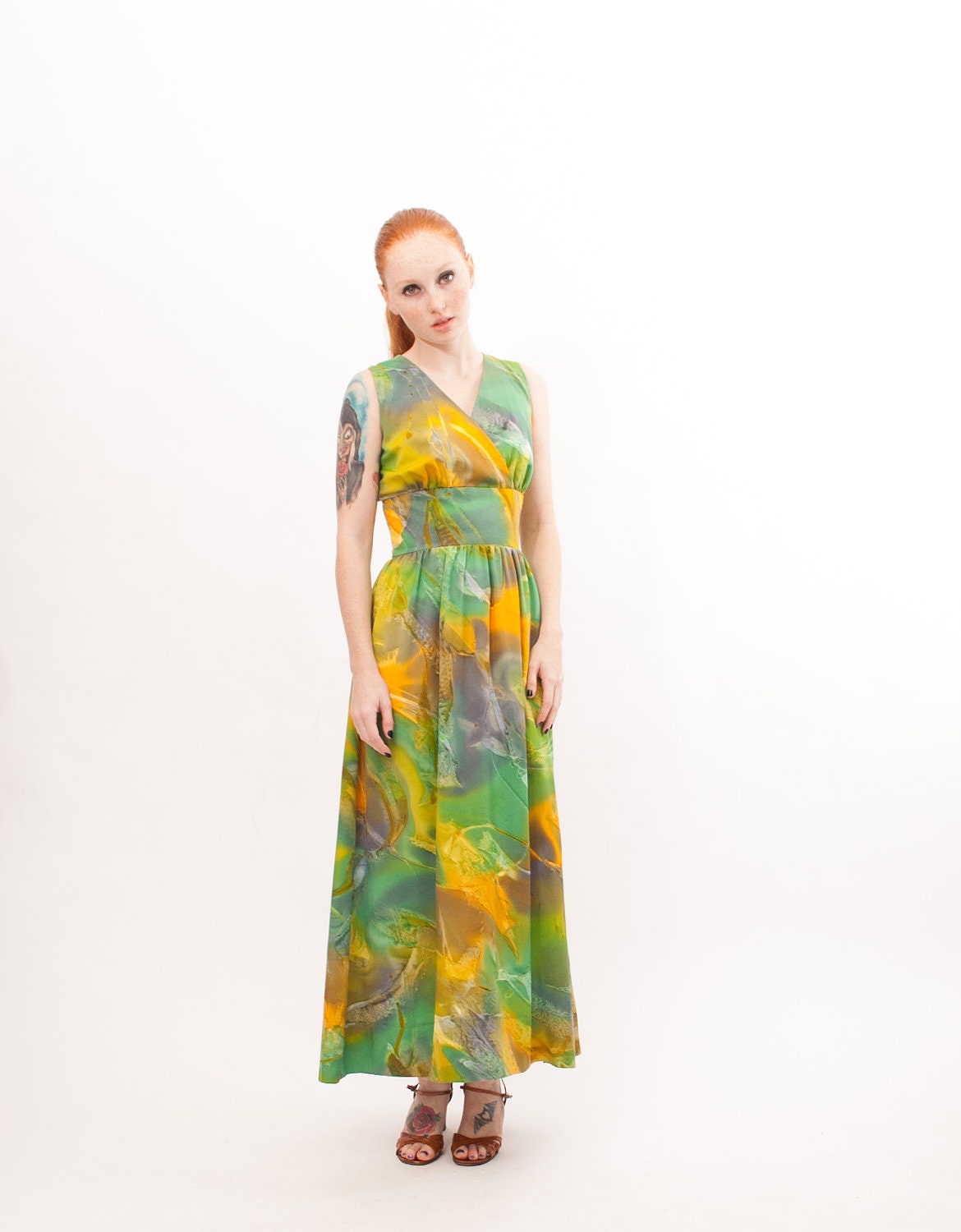 Vintage Maxi Dress - 1970s Dress - Melted Greens and Yellows