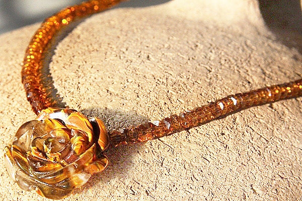 on Vacation / Yellow Orange Topaz Necklace - Volcano Cherry Quartz  Pendant - Large Carved Rose - Agate Beads - Genuine Faceted Stones tagt