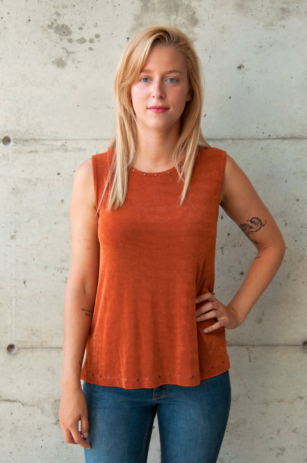 Studded Oversized Tank Top / Vintage Burnt Orange Stretchy Top / Sleeveless Cozy Shirt