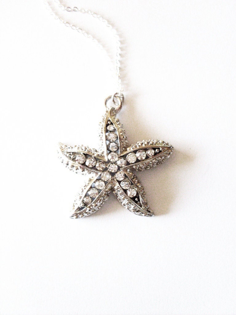 Rhinestone Starfish Necklace Silver Starfish Necklace Beach Bride Necklace Beach Bridal Necklace Beach Bridesmaids Necklaces Beach Weddings
