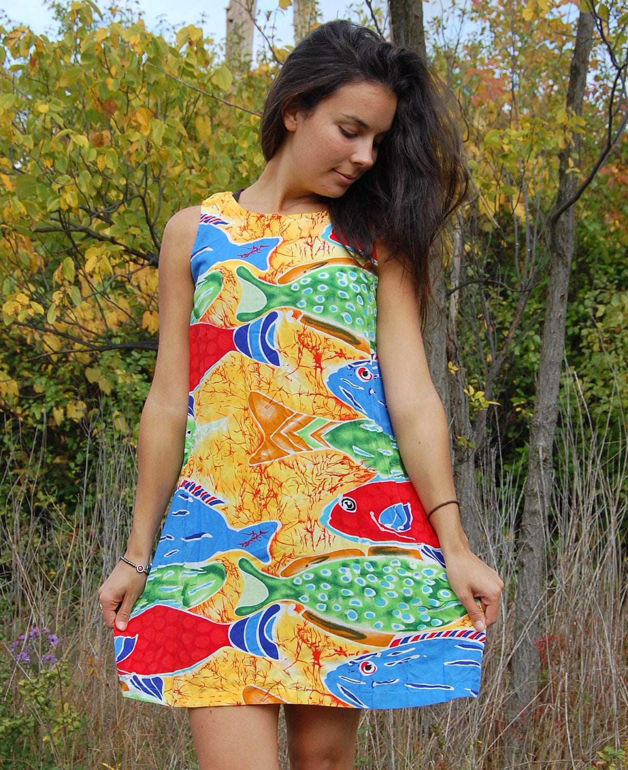 Vintage 90s Batik Neon Under-The-Sea Fish Tent Dress