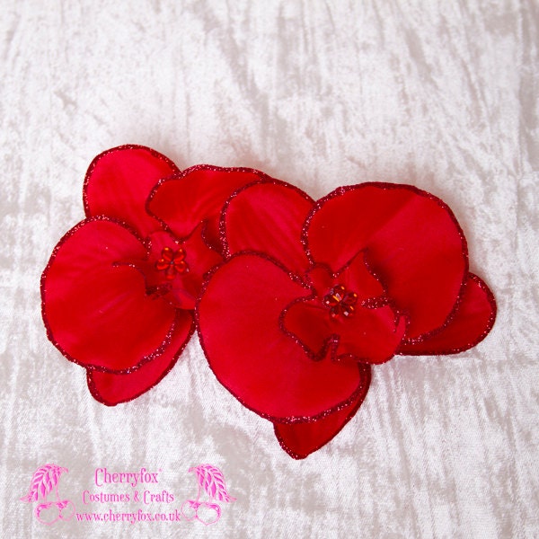 Red Orchid Hair Clips, Pair. Flower, Fairy, Bride, Bridal Accessories, Goth, Lolita, Rockabilly, hair piece, hairclip, glitter, Valentines
