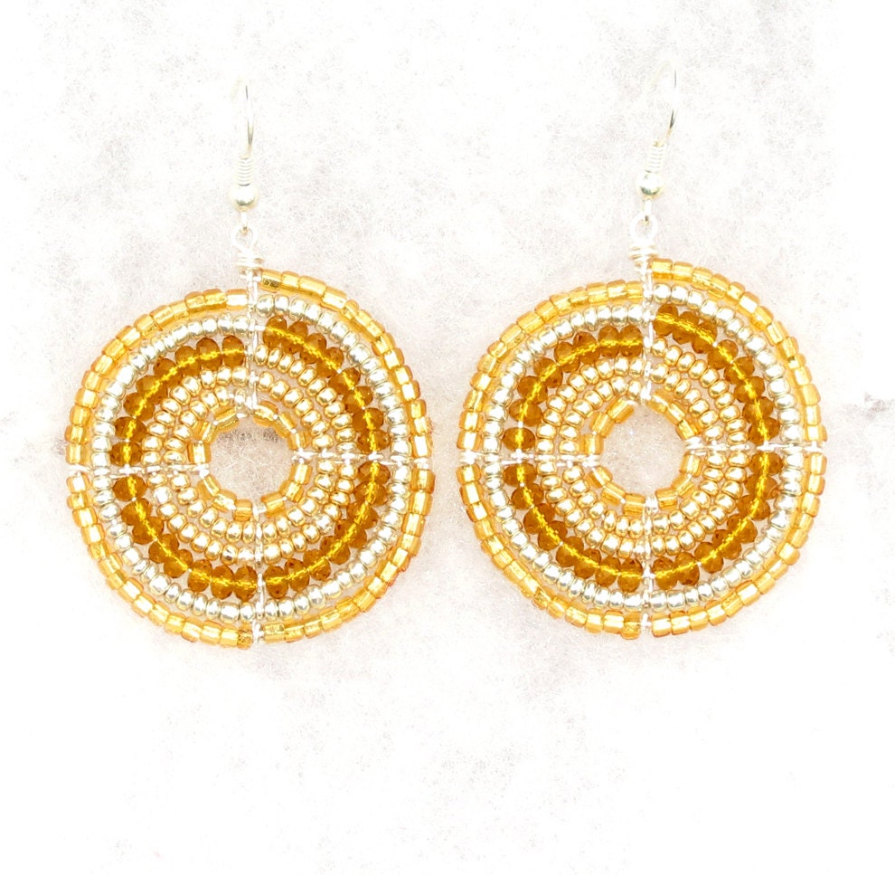 Maasai Beaded Earrings, Yellow and Silver (Medium)