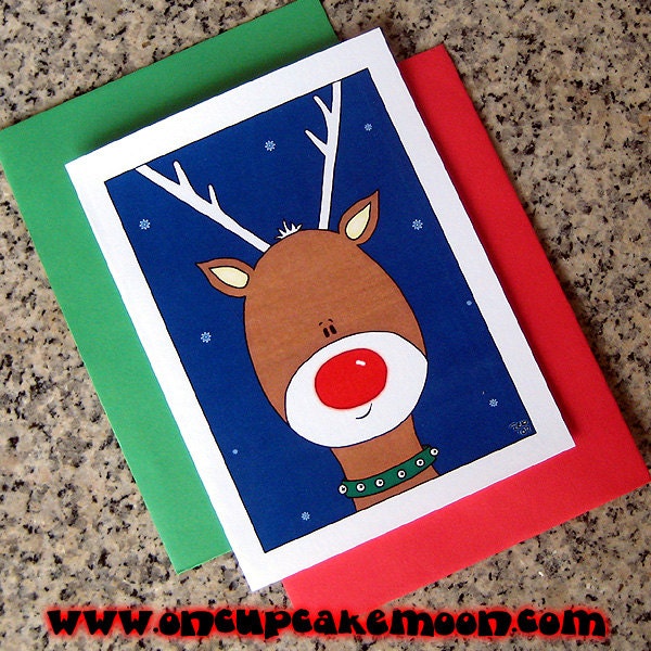 rudolph the red nosed reindeer gets his close up holiday christmas cards (blank/custom printed) with red or green envelopes - set of 10