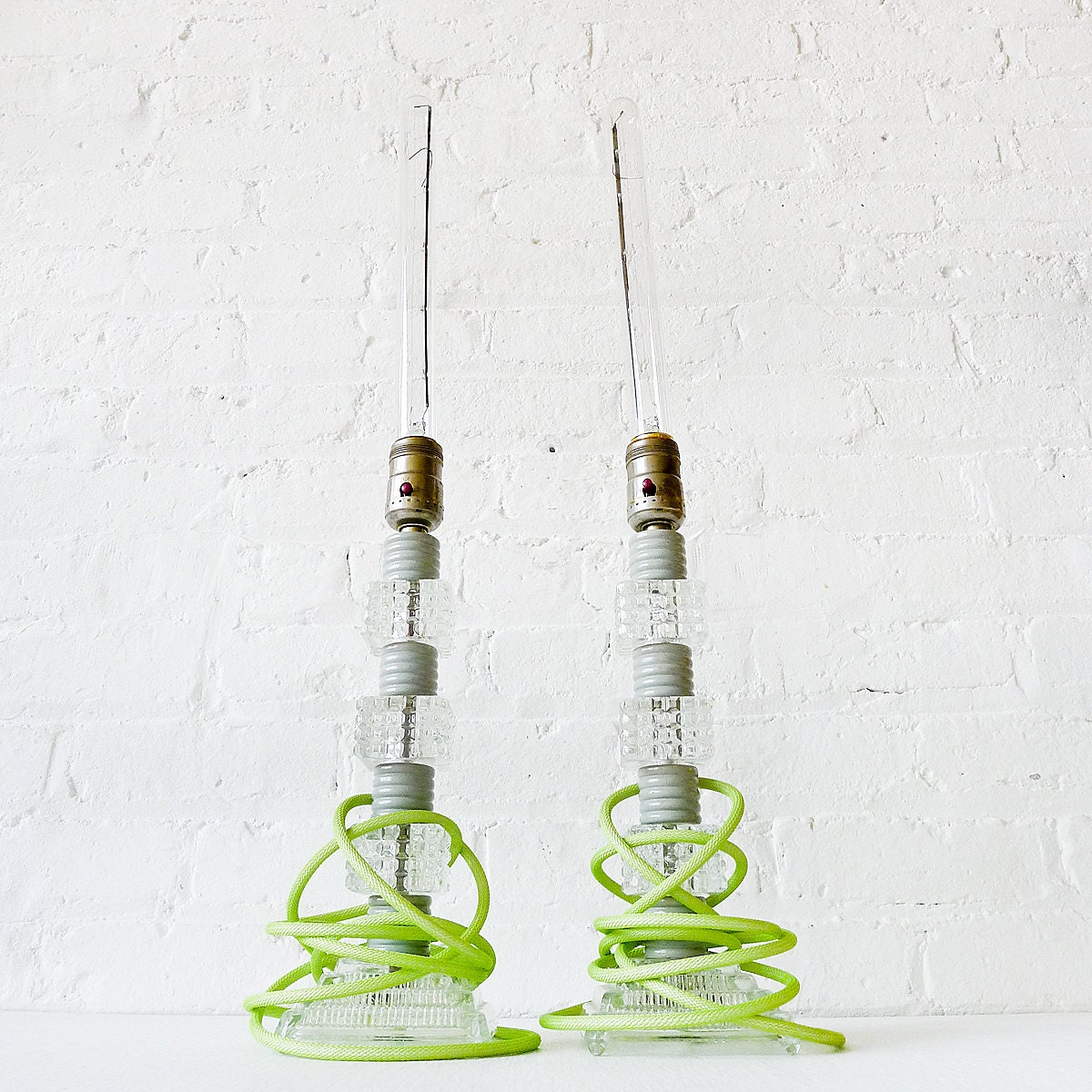 Pair of Art Deco Tower Table Lamps - Electric Crystal Ice Twin Lighting