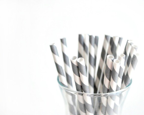 24 Grey and white STRIPED Paper Straws - A487 Il_570xn