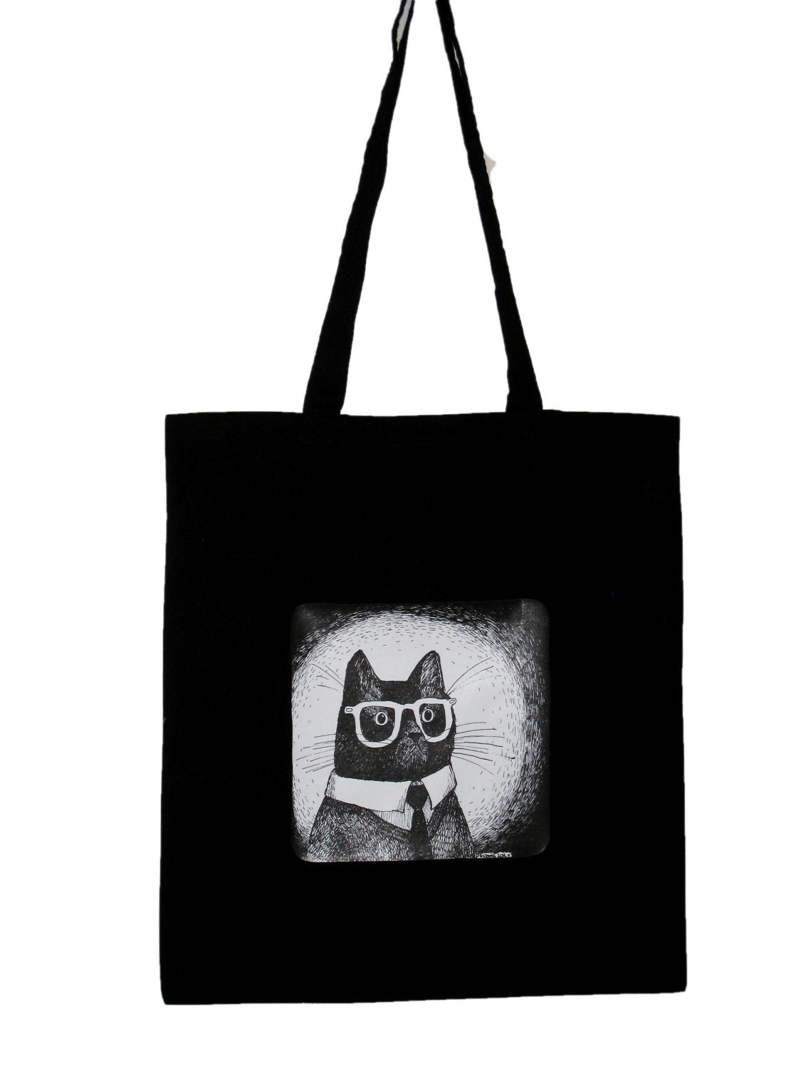 Cat in glasses canvas tote black cotton, long handles reusable eco bag
